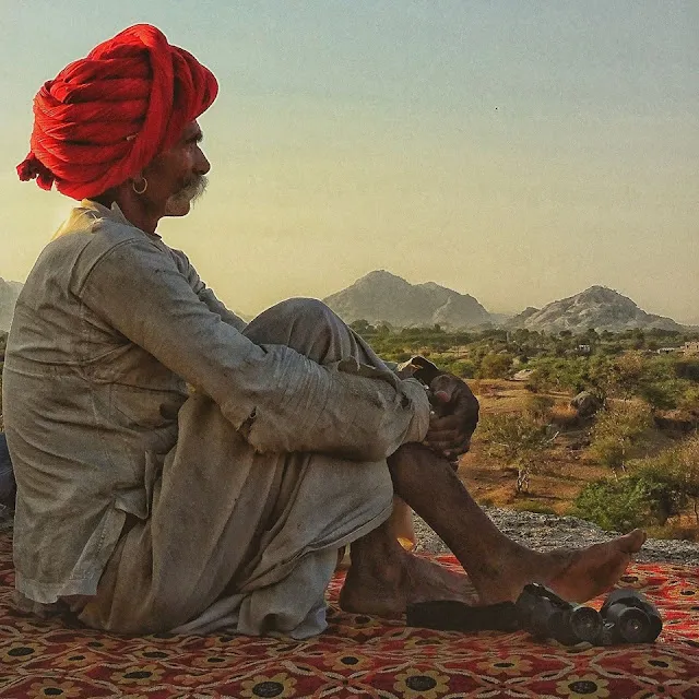 A Rabari herder watching over the Aravalli hills at dusk